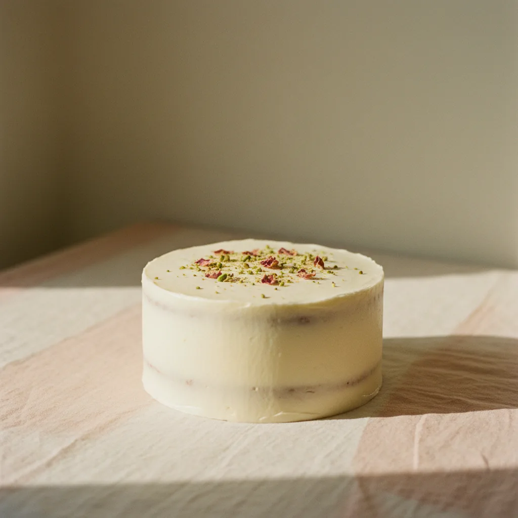 A simply frosted celebration cake with rose-petal garnish on a cream linen surface, warm window light